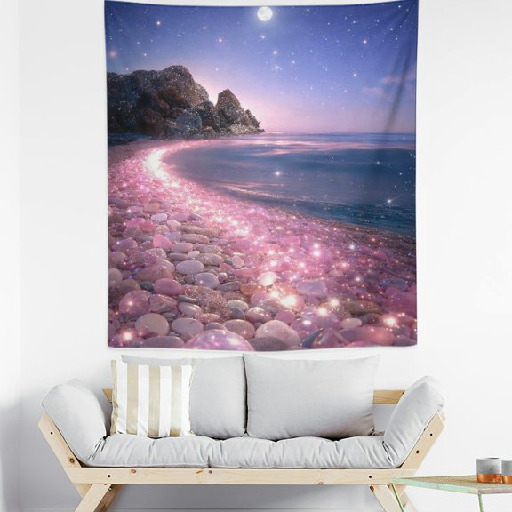 Patifu Moonlit Pink Crystal Beach Vertical Polyester Tapestry for Bedroom Living Room Dorm 50*60in