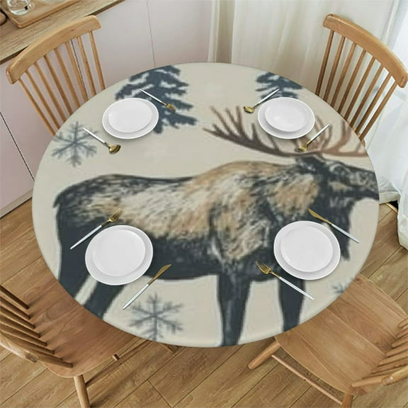 Patifu Moose Snowflake Round Tablecloth 100% Polyester Stain-Resistant Washable Table Cover for Home Kitchen Outdoor Decor 42"-46