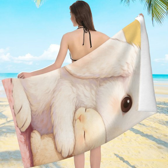 Patifu Mother Rabbit Hugging Her Baby Sand Free Microfiber Beach Towel Ultra Soft Large Size 80*160cm