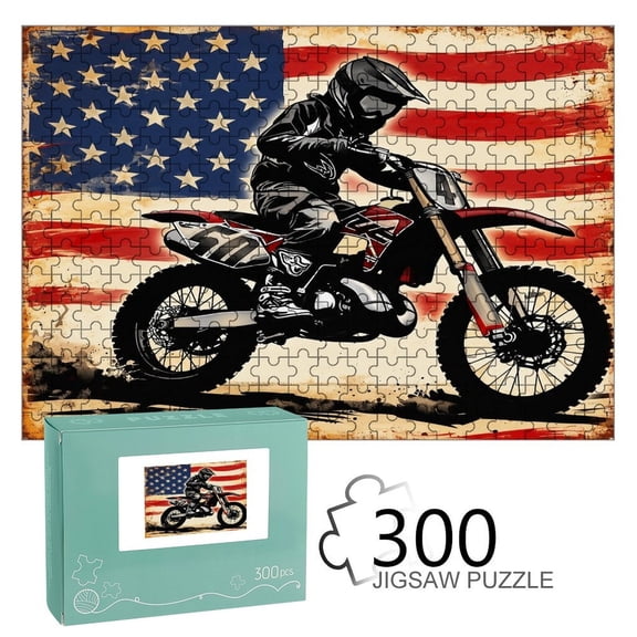 Patifu  Motocross American Flag Vintage Wooden Jigsaw Puzzle, HD Printed Art Puzzle, Interactive Family Game, Wall Decor for Bedroom Living Room, Educational, Fun Gift for Adults and Family