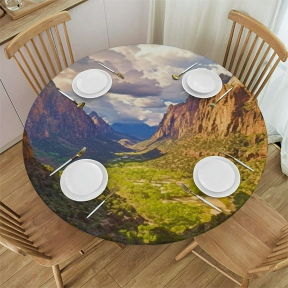 Patifu Mountains Clouds Valley Round Tablecloth 100% Polyester Waterproof Resistant Fabric Outdoor Fitted 38"-42