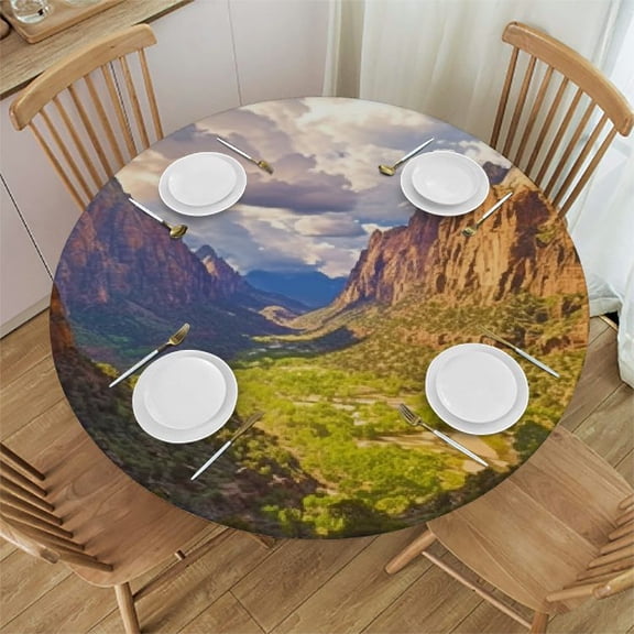 Patifu Mountains Clouds Valley Round Tablecloth 100% Polyester Waterproof Resistant Fabric Outdoor Fitted 42"-46