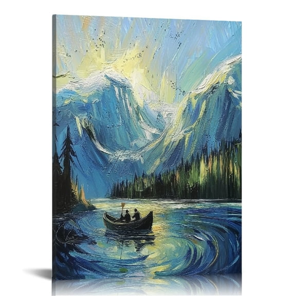 Patifu Mountains River Boat Canvas Wall Art for Living Room, Bedroom & Home Office Decor 12x16 in