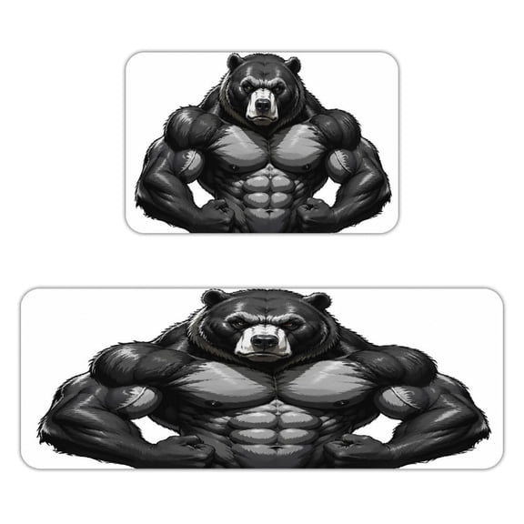Patifu Muscular Strong Black Bear Flexing Muscles White Background Kitchen Mats for Floor, Sets of 2, Soft Washable, Clear Print, Non Skid Waterproof Kitchen Rug for Sink Floor Sink Laundry Bar Offi