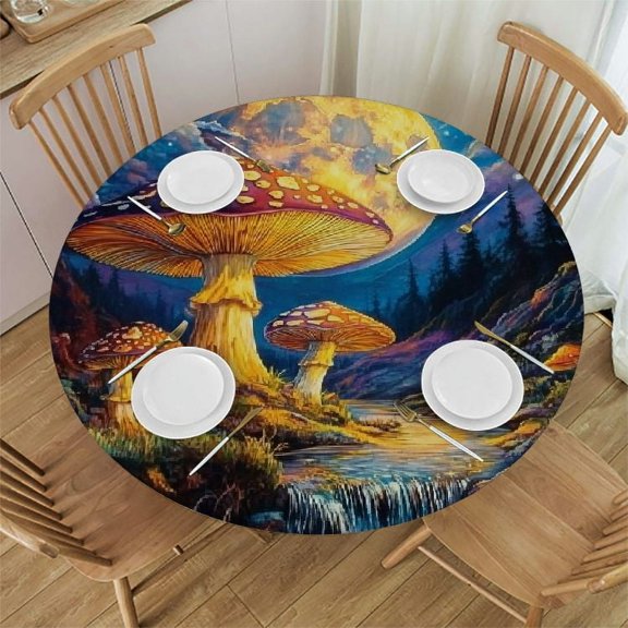 Patifu Mushroom Moon Stream Round Tablecloth Stain-Resistant Washable Indoor Outdoor Restaurant Wedding Party 100% Polyester for Picnic Dining Kitchen Farmhouse Waterproof Fabric 31"-35