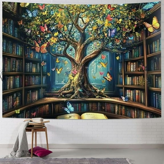 Patifu Mystic Library Tapestries, Fantasy Magic Tree Bookshelves Aesthetic Tapestry Classroom, Tree Vintage Bookshelves Book Art Tapestry Wall Hung University Room Bedroom