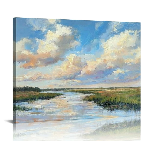 Patifu Natural River Landscape Oil Painting: Hand Painted Nature Scene Picture Artwork Modern Bedroom Living Room Wildness Scenery Canvas Wall Art Decor Home Office Decoration 20x16in