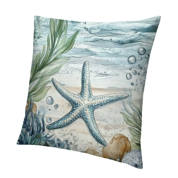 Patifu Nautical Coastal Throw Pillow Covers Beach Themed Ocean Coral Starfish Pillow Cases Decorative Blue Green Seaweed Cushion Cover for Couch Sofa Home Decor 12x12in