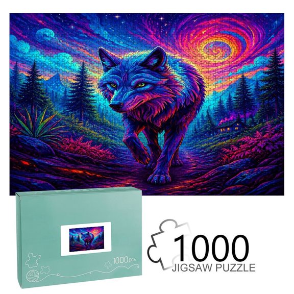 Patifu  Neon Wolf Forest Wooden Jigsaw Puzzle, HD Printed Art Puzzle, Interactive Family Game, Wall Decor for Bedroom Living Room, Educational, Fun Gift for Adults and Family