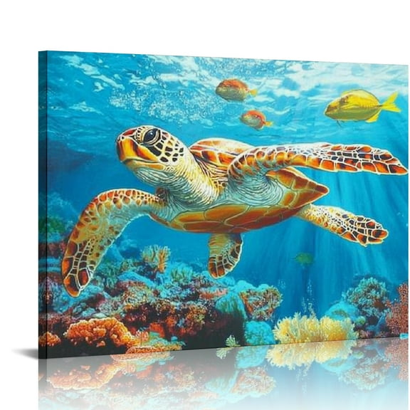 Patifu Ocean Canvas Wall Art Sea Turtle Artwork Pictures Prints Painting Coastal Decor Nautical Beach for Bathroom Bedroom Living Room Home House Decorations Teal  16x12in