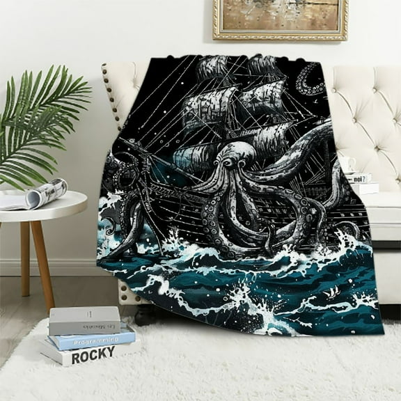 Patifu Octopus Ship Ocean Theme Warm Lightweight Fleece Blanket Soft Plush Blanket All Seasons for Sofa Decor Cow Gifts, Throw Blanket Living Rooms - Multiple Sizes Available 40x50in