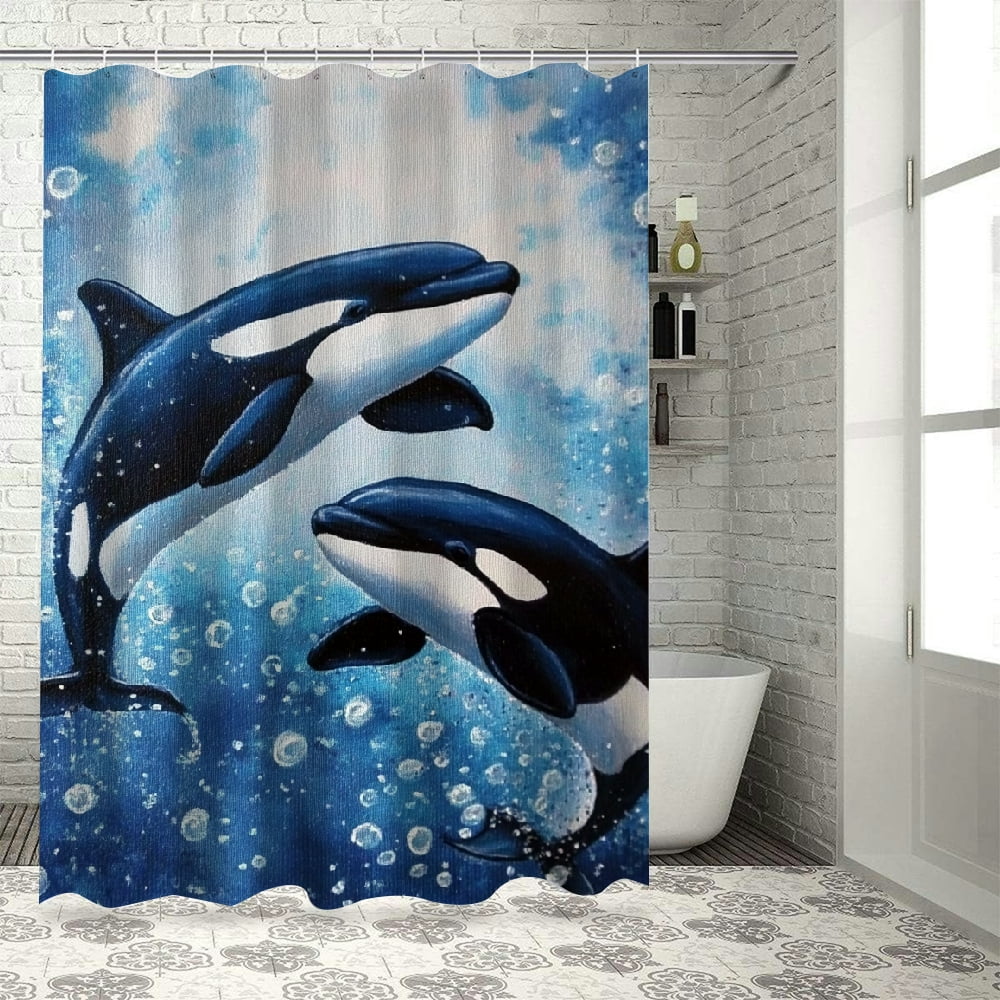 Patifu Orca Whales Water Bubbles Bathroom Shower Curtain Set with Hooks 100% Polyester Fabric 69"x72