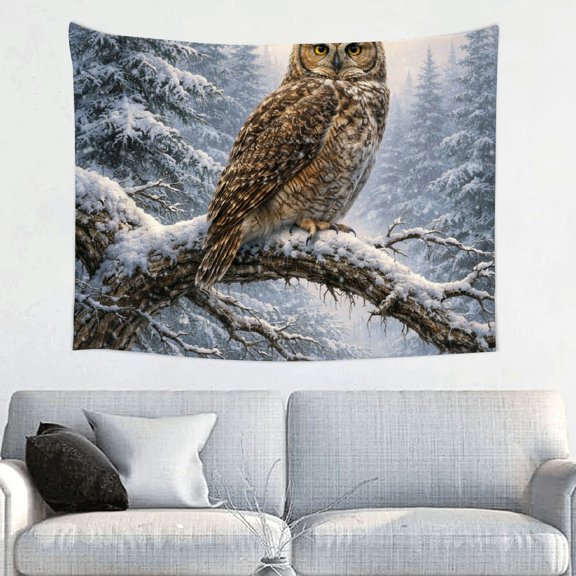 Patifu Owl On Snowy Branch Polyester Tapestry Wall Hanging for Bedroom Living Room Dorm 40*30in