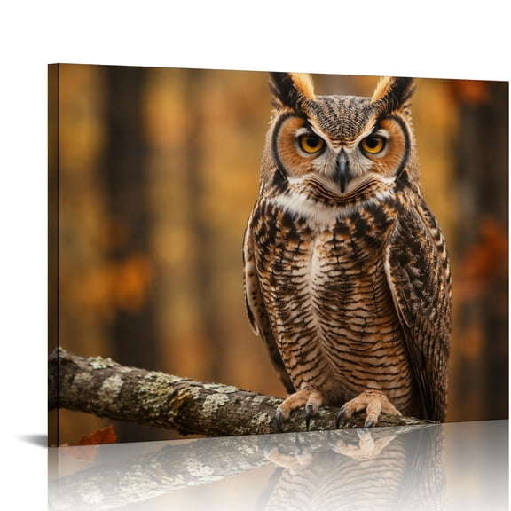 Patifu Owl Perched On Autumn Branch Canvas Wall Art Ready To Hang Home Decor 16x12in