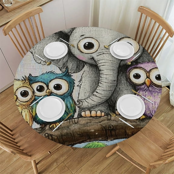 Patifu Owls Elephant Baby Elephant Round Tablecloth Stain-Resistant Washable Elastic Edge Waterproof Fabric Home Decor for Indoor Outdoor Restaurants Weddings Parties 38"-42