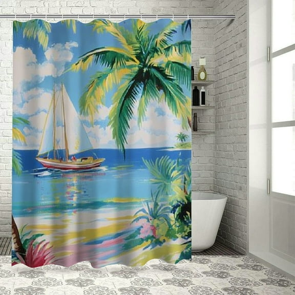 Patifu Palm Trees Boats Beach Washable Shower Curtain with Hooks 36"x72