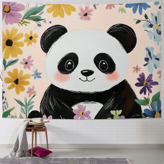Patifu Panda Bear Flowers Cute Tapestry Wall Hanging Unique Style, Graphic Tapestries for Home Decor in Living Room Bedroom, Apartment, Farmhouse, and Dorm - 4 Sizes Available 60x50inch