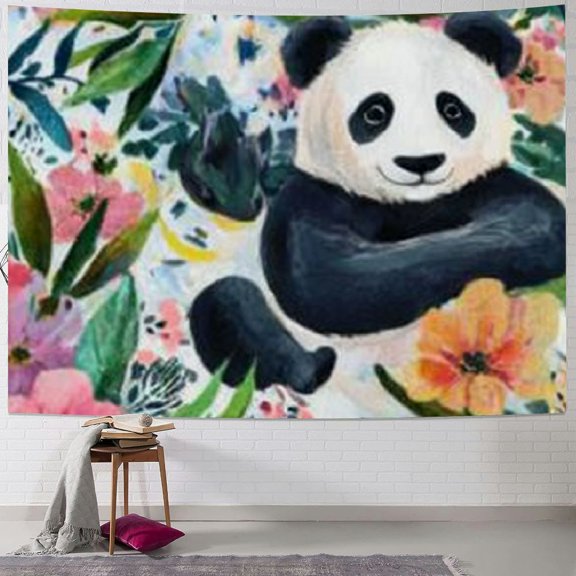 Patifu Panda Bear Flowers Leaves Tapestry Wall Hanging Unique Style Graphic Tapestries Home Wall Decor for Living Room Bedroom Apartment Farmhouse Dorm 40x60inch