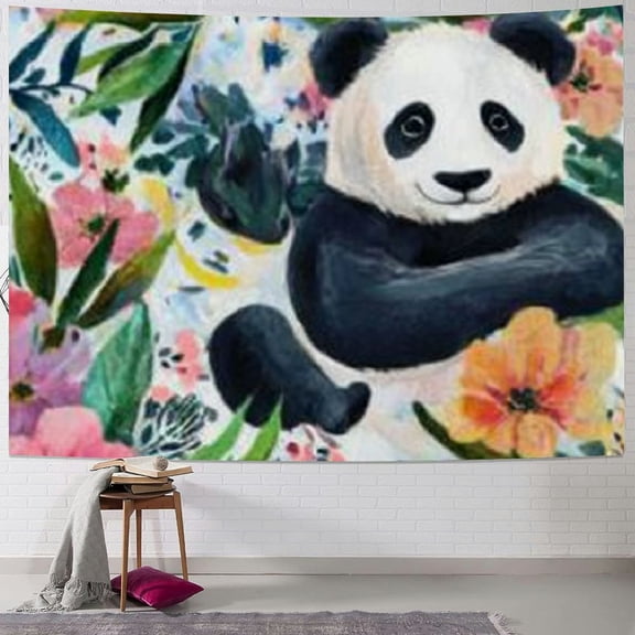 Patifu Panda Bear Flowers Leaves Tapestry Wall Hanging Unique Style Graphic Tapestries Home Wall Decor for Living Room Bedroom Apartment Farmhouse Dorm 60x50inch