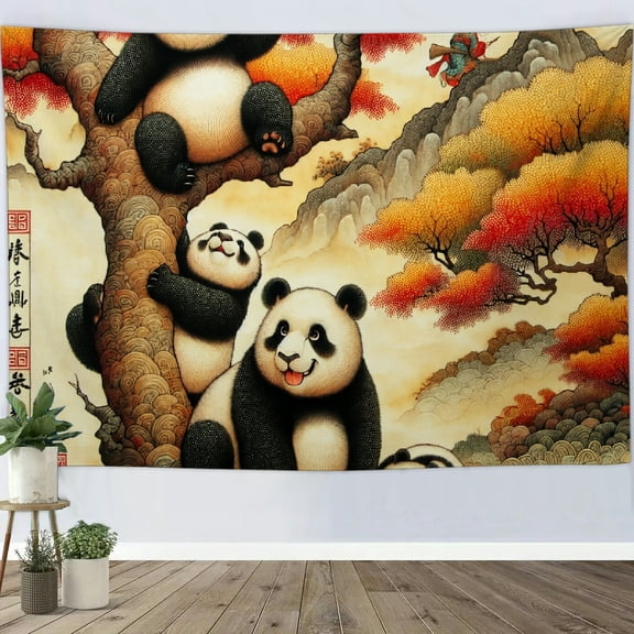 Patifu Pandas Autumn Tree Chinese Art Printed Polyester Tapestry Wall Hanging for Bedroom Living Room Dorm Office Home Decor 90*60in