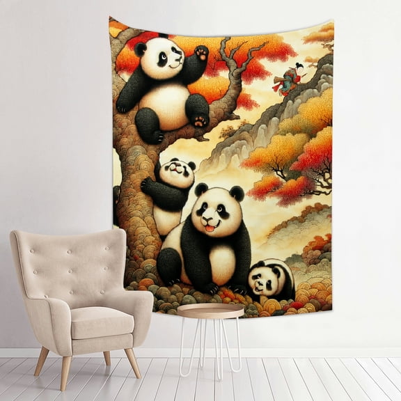 Patifu Pandas Autumn Tree Chinese Art Vertical Polyester Tapestry for Bedroom Living Room Dorm 30*40in