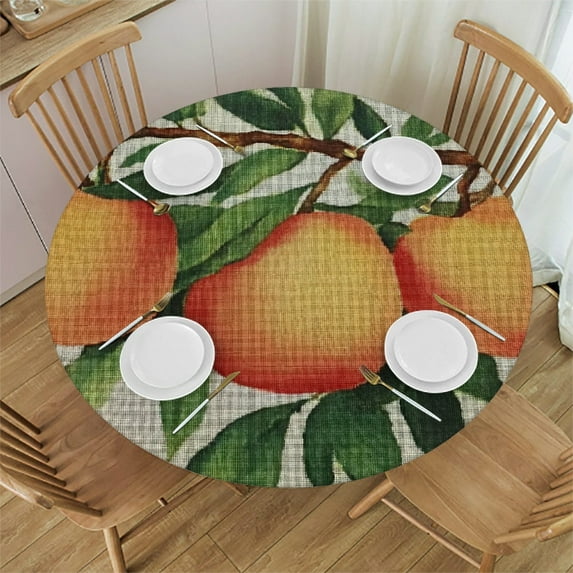 Patifu Peaches Leaves Art Nouveau Round Tablecloth Stain-Resistant Washable for Indoor Outdoor Restaurants Weddings Parties Home Decor Elastic Edge 42"-46