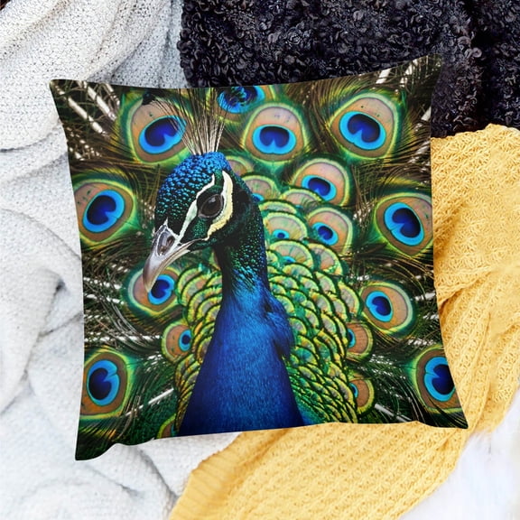 Patifu Peacock Feather Closeup Linen Cushion Cover for Home Sofa Couch Decor 18x18in