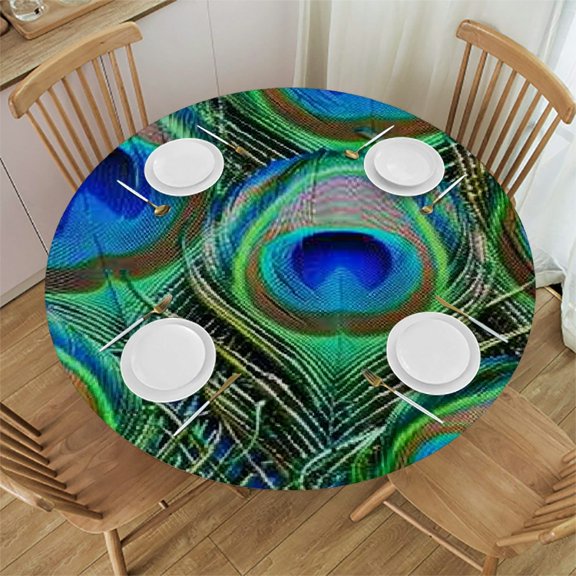 Patifu Peacock Feathers Round Tablecloth Stain-Resistant Washable Indoor Outdoor Restaurant Wedding Party Tablecloths Waterproof Home Decor 42"-46