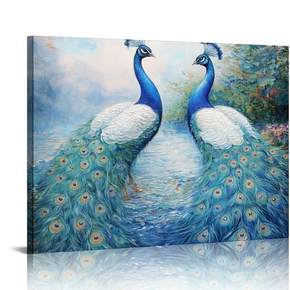 Patifu Peacock Pair Oil Painting Canvas Wall Art Ready to Hang for Bedroom Living Room Decor 16x12in