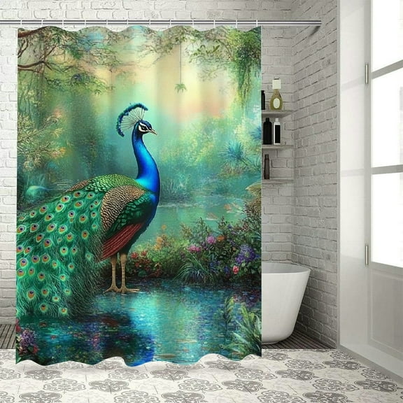 Patifu Peacock Shower Curtain Set 100% Polyester with Hooks 36"x72
