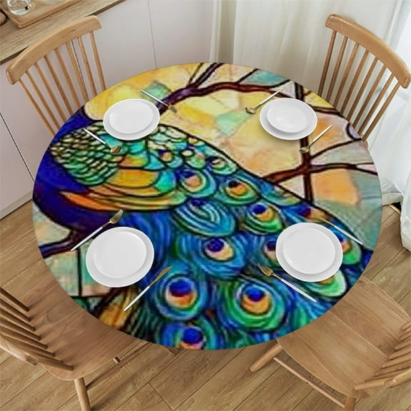 Patifu Peacock Theme Round Tablecloth Stain-Resistant Washable Indoor Outdoor Restaurant Wedding Party Waterproof Fabric Home Decor 54"-58