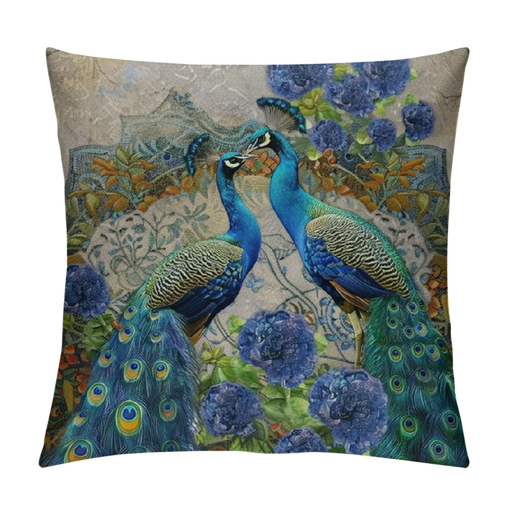 Patifu Peacocks Blue Flowers Art Nouveau Graphic Decorative Cushion