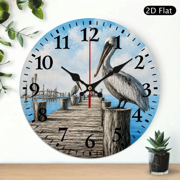Patifu Pelicans Dock Theme Round Wooden Wall Clock 10 Inch Silent Sweep Movement Home Decor 10x10in