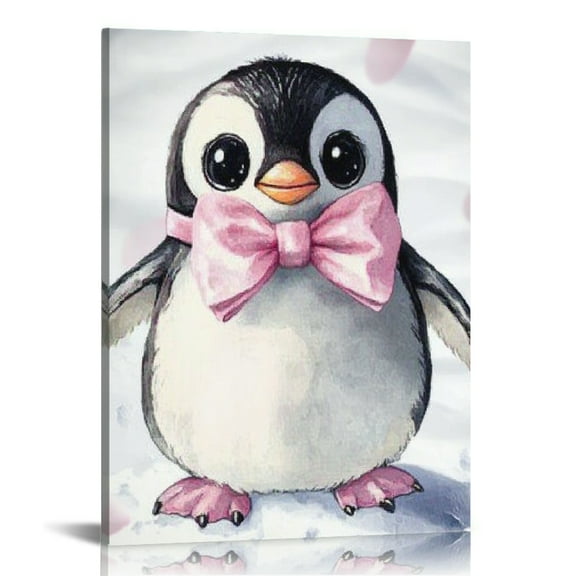 Patifu Penguin Bow Tie Cute Wall Decor Canvas Art Print for Living Room Bedroom Home Office, High Resolution Image, Handmade Quality Framed Artwork 16x20 in