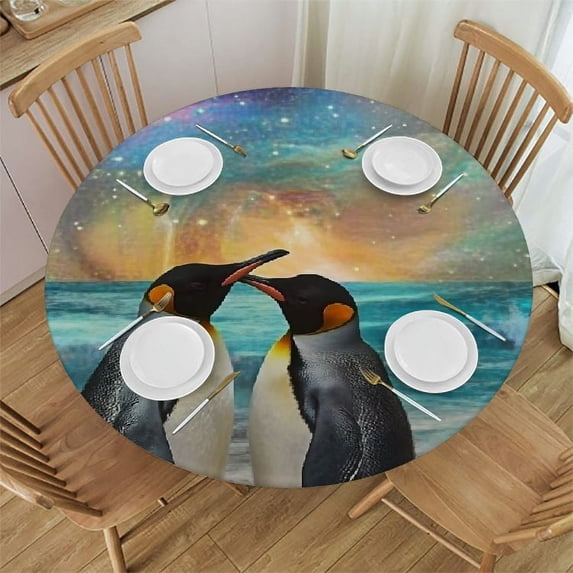 Patifu Penguins Beach Galaxy Round Tablecloth Stain-Resistant Washable Indoor Outdoor 100% Polyester Waterproof Fabric Fitted 38"-42