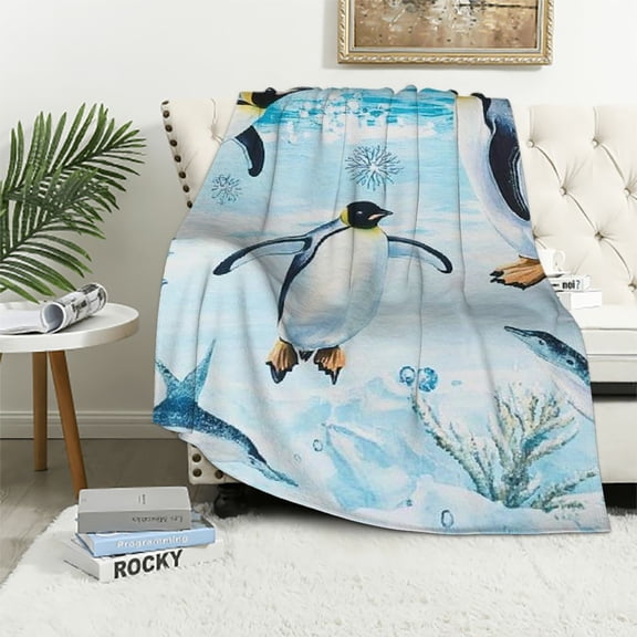 Patifu Penguins Blanket Gift for Girls Boys, Jellyfish Throw Blanket Gift for Kids Super Cozy Lightweight Flannel Fish Throws Blankets for Bed Sofa Couch 40x50in