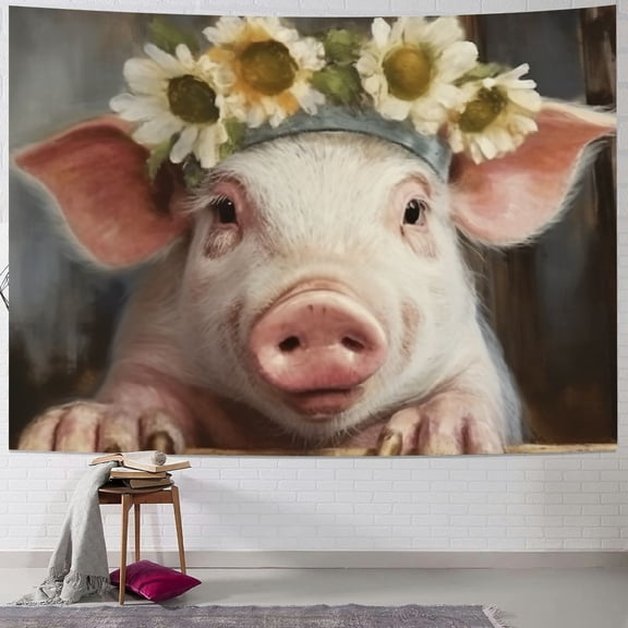 Patifu Pig Flower Crown Tapestry Wall Hanging Unique Style Graphic Tapestries for Home Wall Decor Living Room Bedroom Dorm 40x30inch