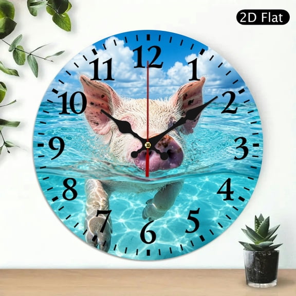 Patifu Pig Swimming In Tropical Blue Water Round Wooden Wall Clock Silent Sweep Movement 10x10in