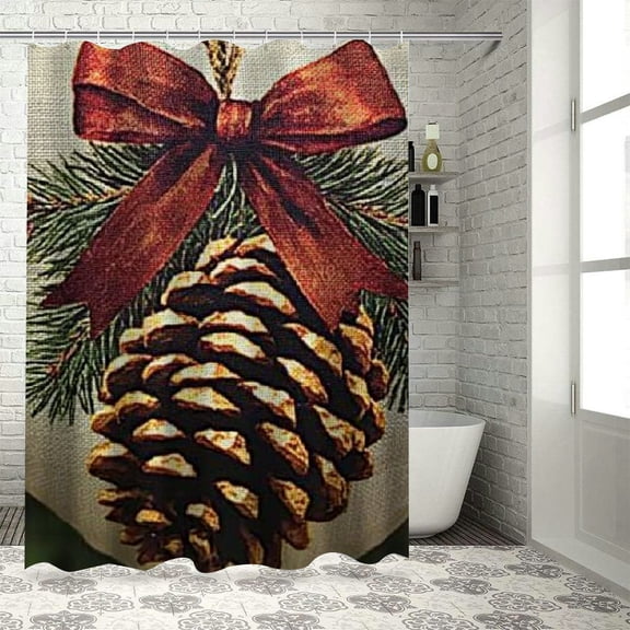 Patifu Pine Cone Bathroom Décor Set with Hooks, Graphic Print Polyester Stylish Shower Curtain Set with Hooks, 100% Polyester Fiber, Size: Standard 60"x72