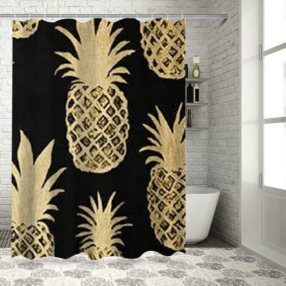 Patifu Pineapples Gold Foiling Wallpaper Washable Shower Curtain Chic Modern Bathroom Decor with Hooks 36"x72