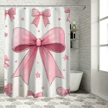 Patifu Pink Bow Stars Hearts Shower Curtain 100% Polyester Fabric with Hooks for Bathroom Decoration 36"x72