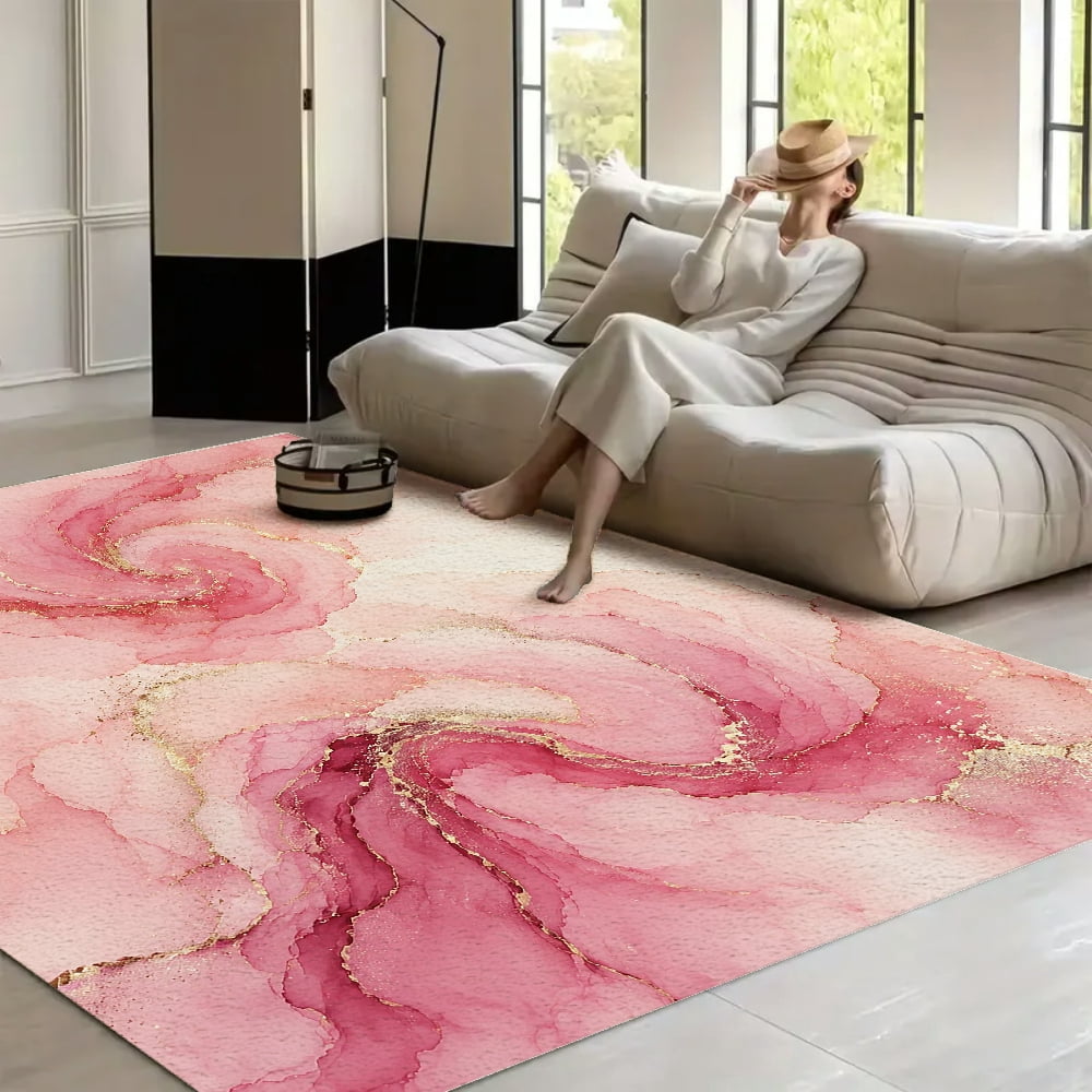 Textured Rug Pink Patifu Pink Gold Ink Swirl Texture Velvet Area Rug Non‑Slip Indoor ...