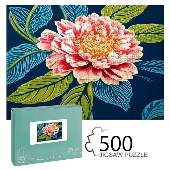 Patifu Pink Peony Navy Blue Wooden Jigsaw Puzzle, HD Printed Art Puzzle, Interactive Family Game, Wall Decor for Bedroom Living Room, Educational, Fun Gift for Adults and Family