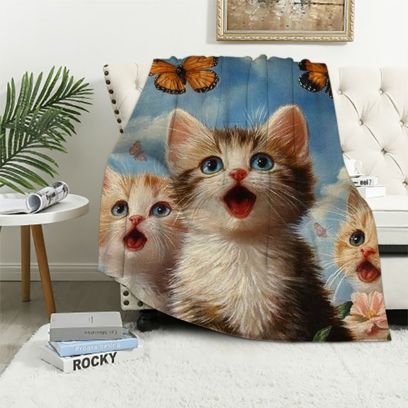 Patifu for Playful Kittens Throw Blanket - Cute Cats and Butterflies Design, Plush, Soft, Comfy, Lightweight - Warm, Fuzzy, Anti-Pilling Flannel for Sofa, Couch, Bedroom, Bed 40x50in