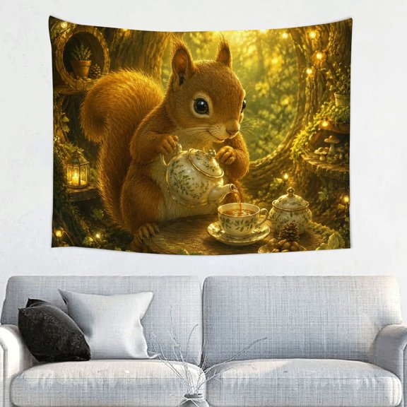 Patifu Polyester Fabric Wall Hanging Decor Squirrel Pouring Tea In Tree Hollow Printed Tapestry for Bedroom Dorm Living Room Office 40*30in