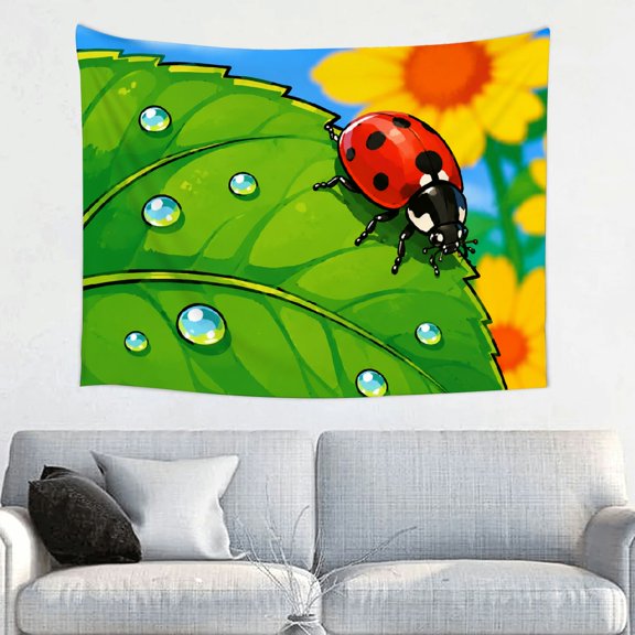 Patifu Polyester Fabric Wall Hanging Tapestry Ladybug On Dewy Green Leaf Print for Bedroom Living Room Dorm Office Home Decor 40*30in