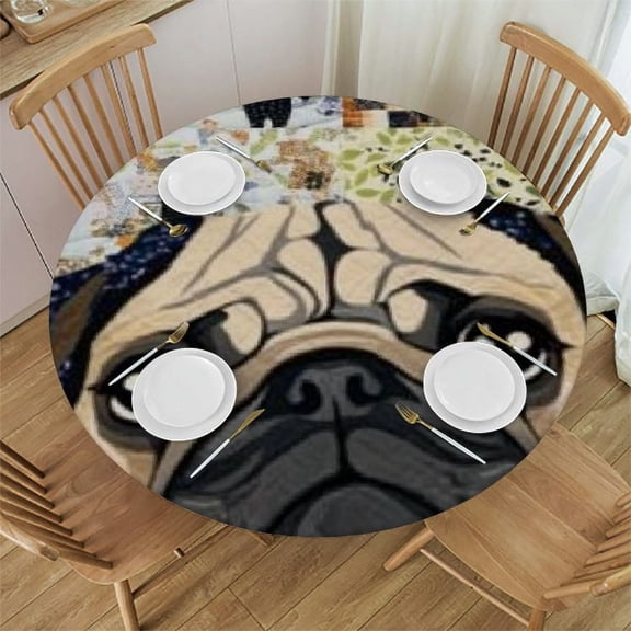 Patifu Pug Round Tablecloth Stain-Resistant Washable 100% Polyester Fiber Single-Sided Printing Tablecloth Ideal for Indoor Outdoor Restaurants Weddings Parties 54"-58