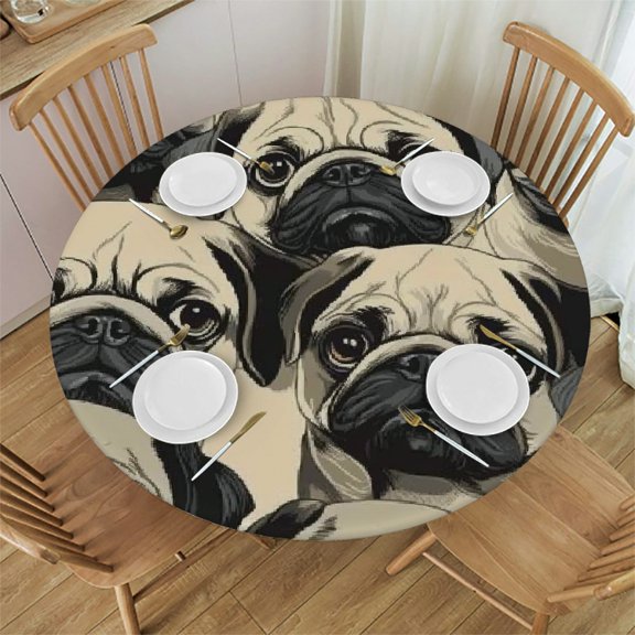 Patifu Pugs Theme Round Tablecloth Stain-Resistant Washable Elastic Edge Tablecloth for Indoor Outdoor Home Restaurants Weddings Parties 31"-35