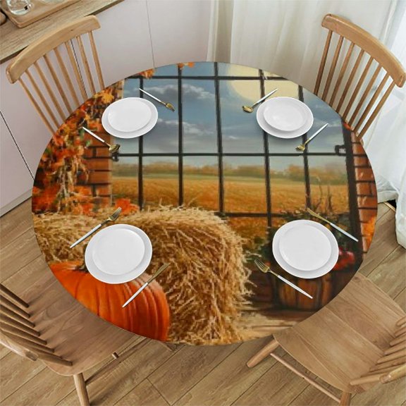 Patifu Pumpkin Hay Autumn Round Tablecloth - Stain-Resistant & Washable - Indoor/Outdoor Use - 100% Polyester - Outdoor Fitted for Picnic Dining Kitchen Farmhouse 42"-46