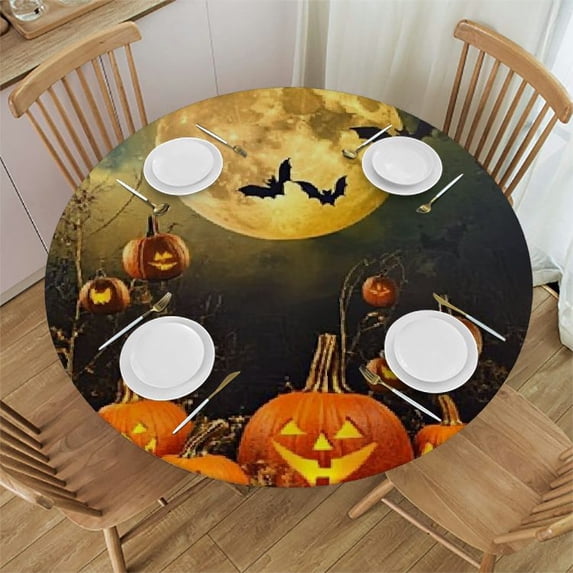 Patifu Pumpkins Jack O Lanterns Full Moon Round Tablecloth 100% Polyester with Elastic Edge Waterproof Resistant Fabric 31"-35